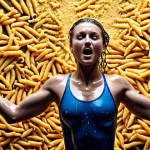 **

"Swimmer powerfully pushing off the wall, streamlined body, water droplets glistening, intense focus, carbohydrate-rich foods (pasta, whole grains) subtly displayed in the background, energetic, vibrant colors, action shot."

**