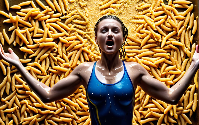 **

"Swimmer powerfully pushing off the wall, streamlined body, water droplets glistening, intense focus, carbohydrate-rich foods (pasta, whole grains) subtly displayed in the background, energetic, vibrant colors, action shot."

**