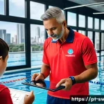 Home 21 수영강사 평균 연봉 - A professional swimming instructor in a modern urban aquatic center in São Paulo, wearing a branded ...