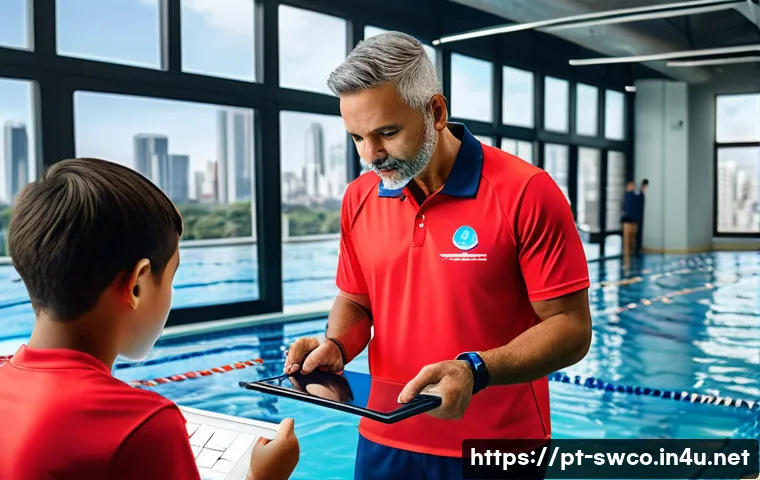 수영강사 평균 연봉 - A professional swimming instructor in a modern urban aquatic center in São Paulo, wearing a branded ...