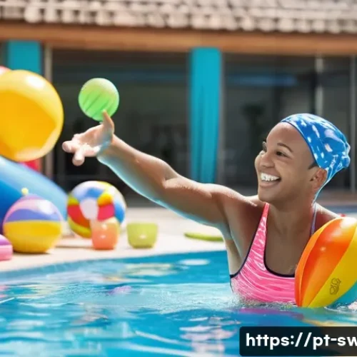Home 32 수영강사 초보 어린이 수업 팁 - A joyful swimming instructor encouraging a group of diverse young children, ages 3 to 5, wearing col...