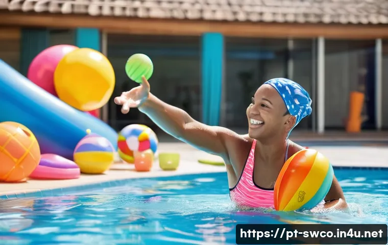수영강사 초보 어린이 수업 팁 - A joyful swimming instructor encouraging a group of diverse young children, ages 3 to 5, wearing col...
