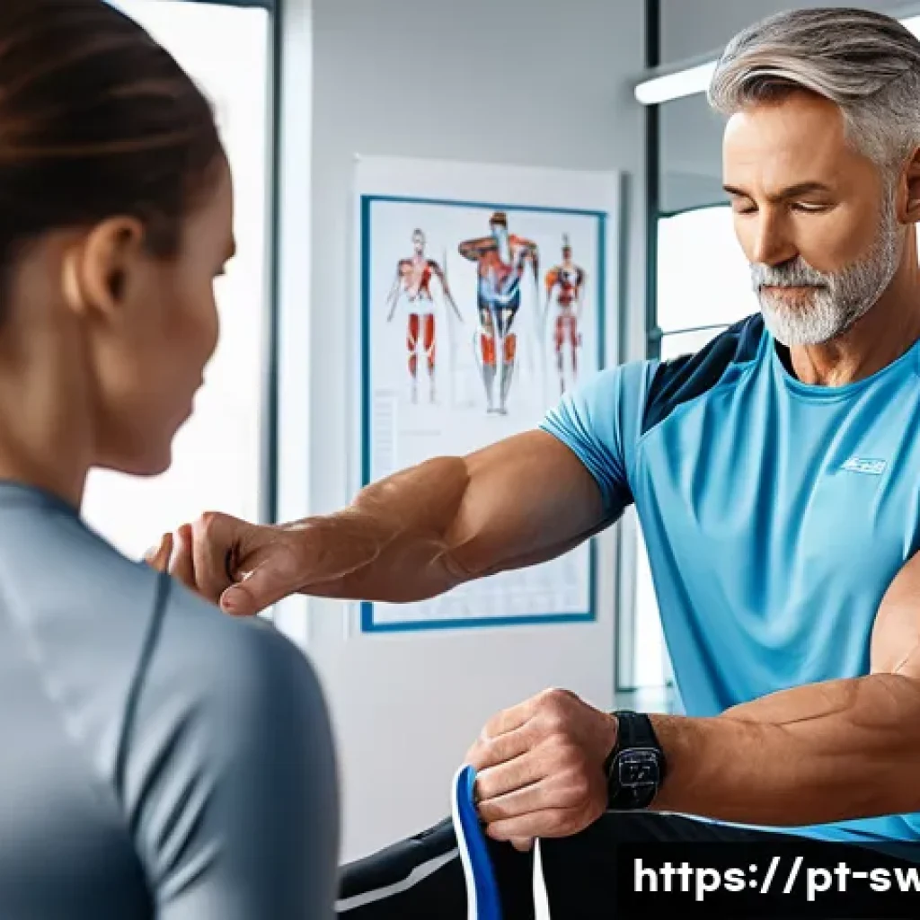 수영강사 퇴직 후 진로 - A professional physical therapist assisting an adult athlete in a modern rehabilitation clinic, demo...