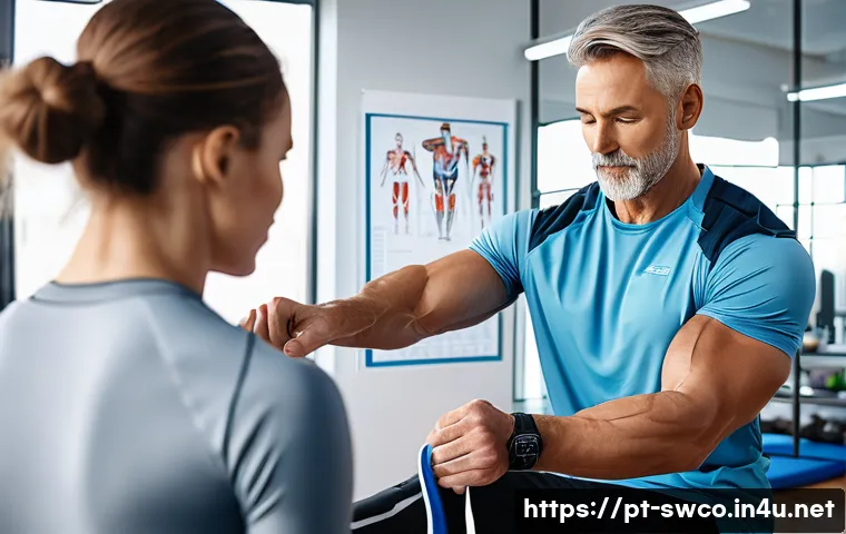 수영강사 퇴직 후 진로 - A professional physical therapist assisting an adult athlete in a modern rehabilitation clinic, demo...