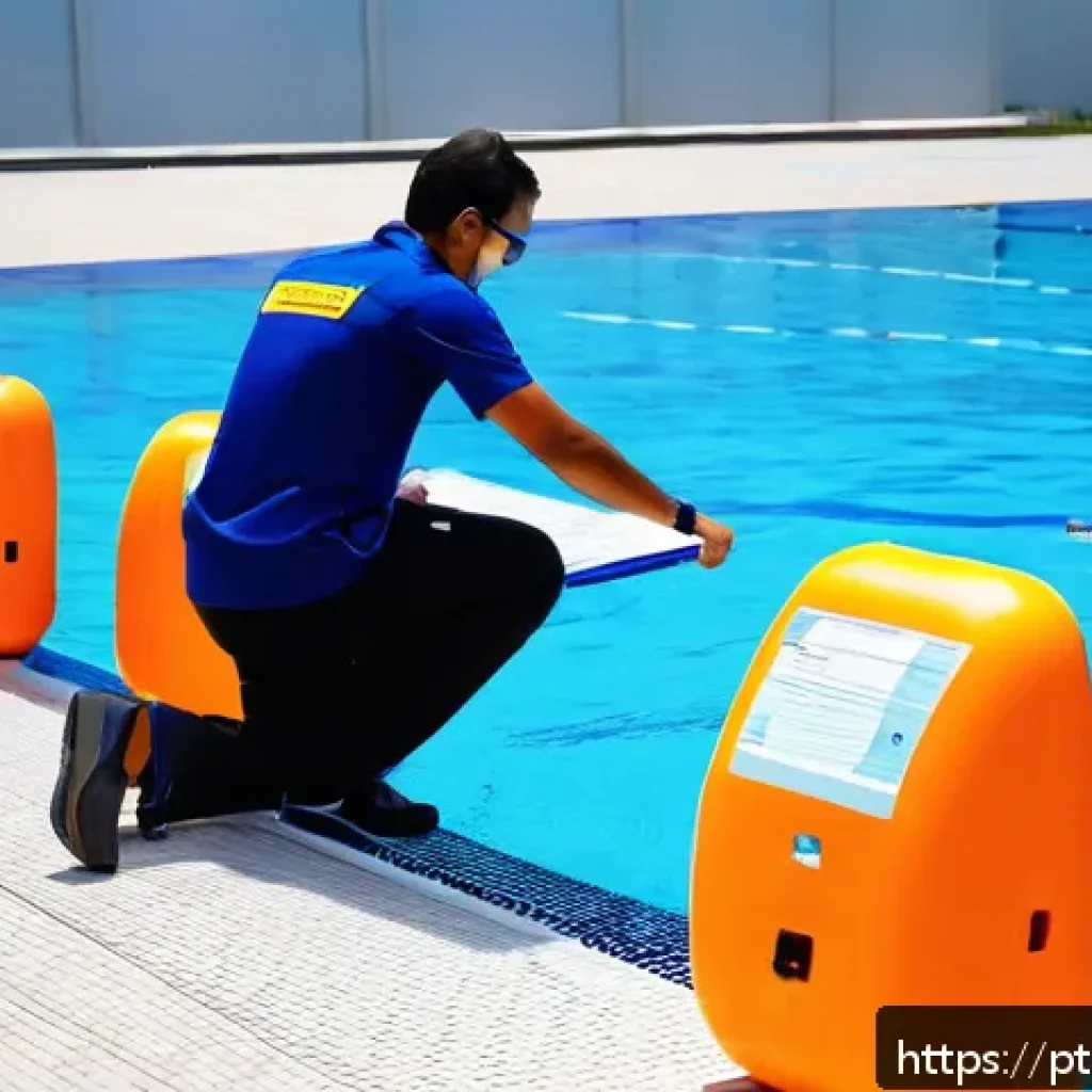 수영강사 업무 관련 법규와 안전지침 - A professional swimming instructor conducting a safety inspection at an outdoor pool facility in Bra...
