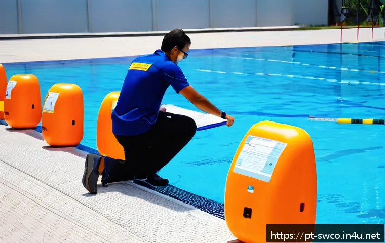 수영강사 업무 관련 법규와 안전지침 - A professional swimming instructor conducting a safety inspection at an outdoor pool facility in Bra...