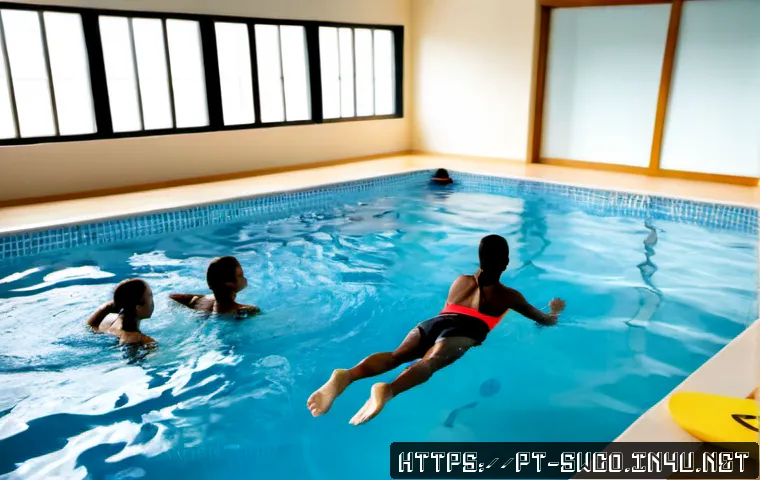 Home 17 수영강사 초급 중급 고급 강의 구성법 - Photorealistic indoor swimming pool in Brazil, a professional swim instructor guiding beginner adult...